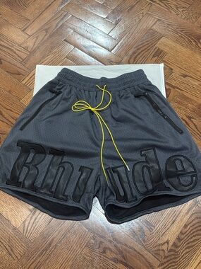 Rhude Charcoal Athletic Shorts with Yellow Drawstring